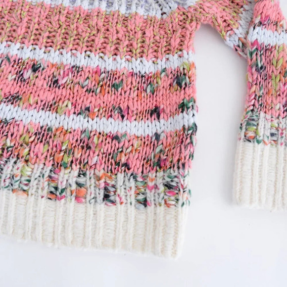Anthropologie Kahlo Striped Pink & Cream Chunky Knit Crewneck Sweater S - Picture 6 of 12